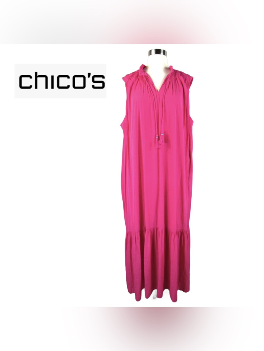 Chicos Lined Hot Pink Sleeveless Maxi Dress with Tassel Tie and Pockets